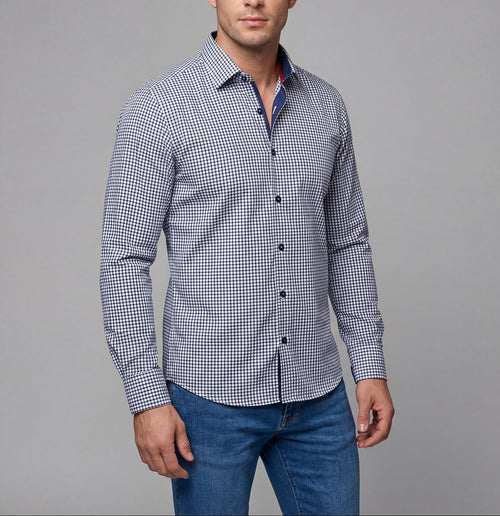 Button-Up Shirt With Contrast Details (Navy Check)