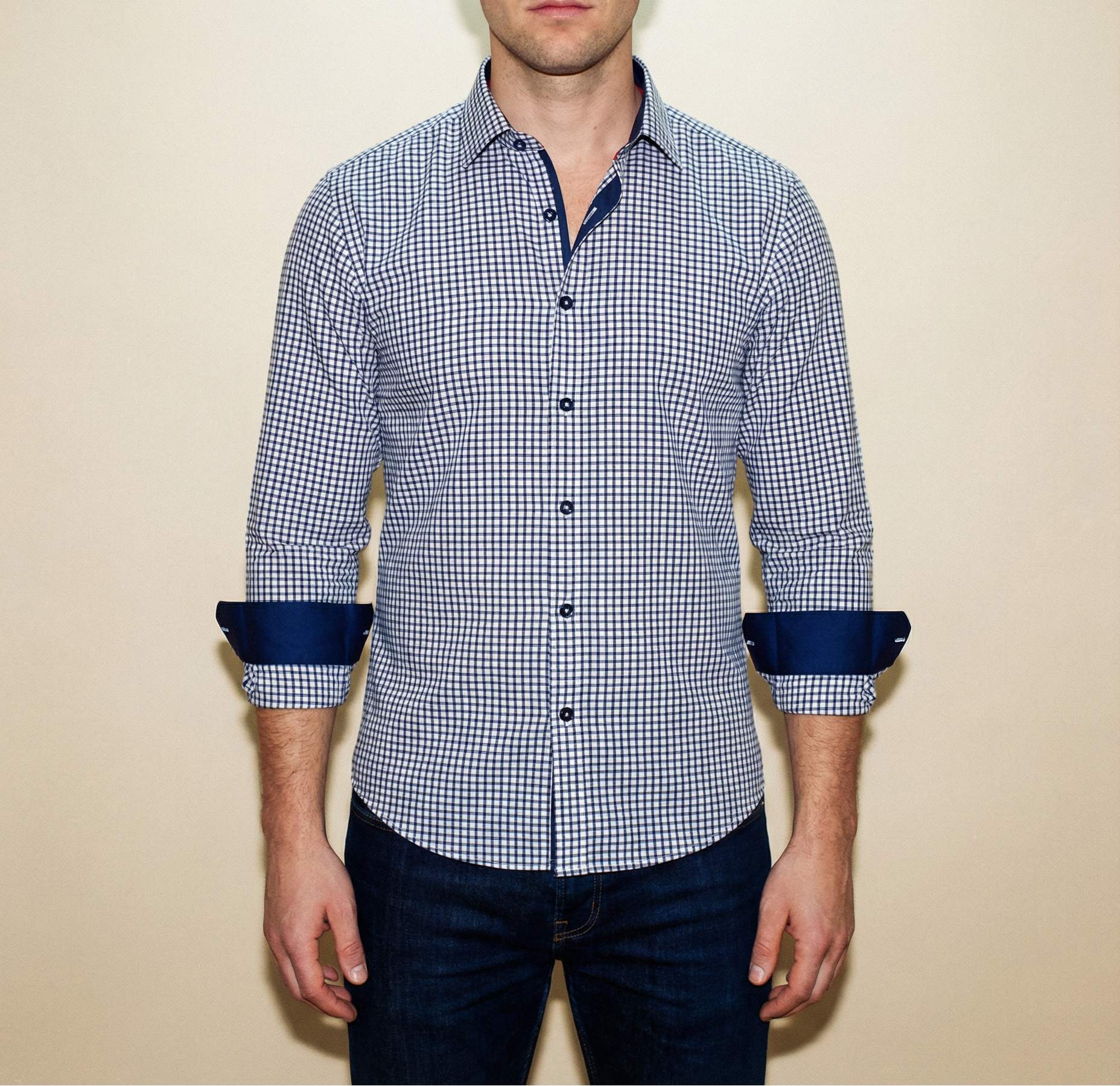 Button-Up Shirt With Contrast Details (Navy Check)