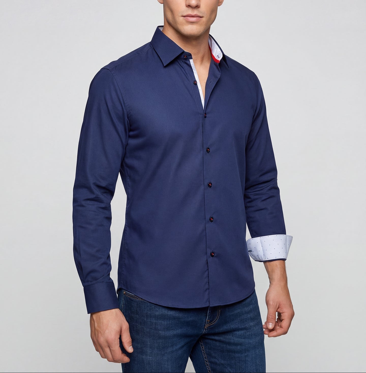 Button-Up Shirt With White Contrast Details (Navy)